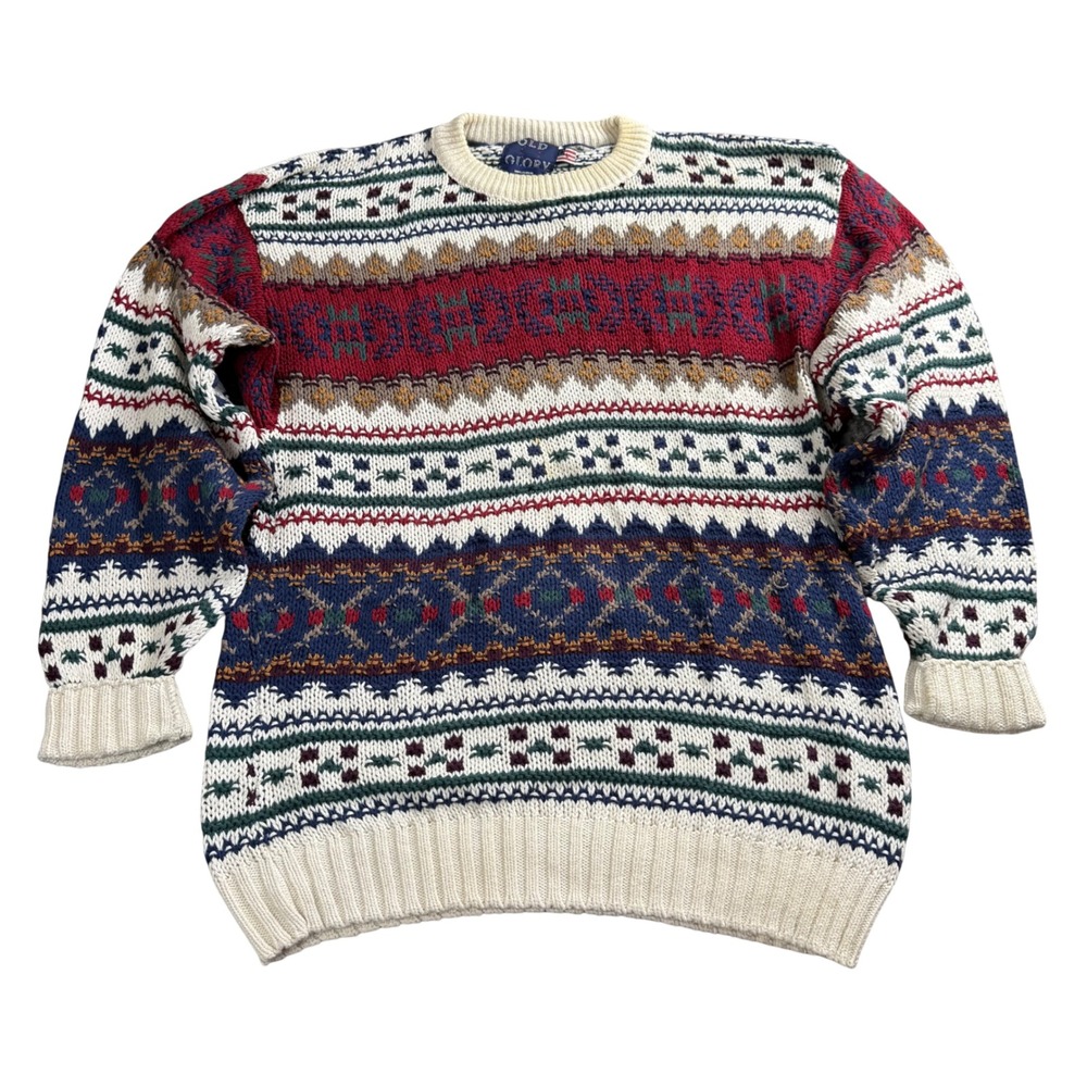 Old Glory Grandpa Sweater Cotton USA Men Large Fair Isle Geometric Knit Vintage